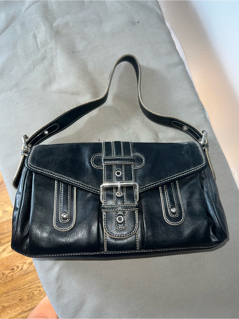 Black Leather Buckle-Front Shoulder Bag